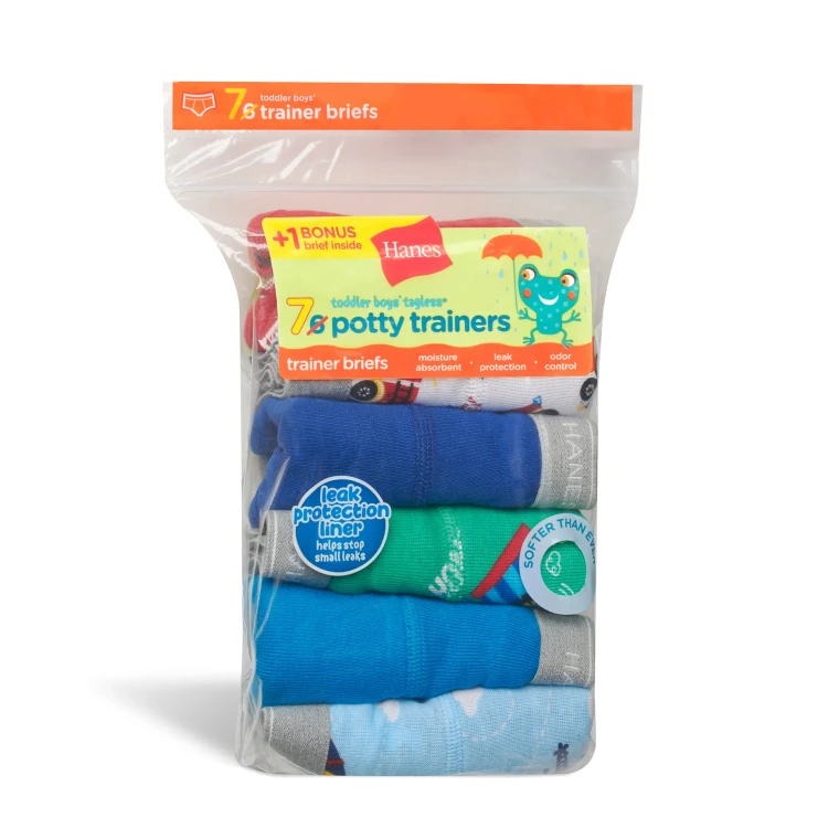 A seven-pack of toddler trainer briefs in a clear polybag cut out on white, the orange header card reading potty trainers above rolled briefs in blue, green and grey.