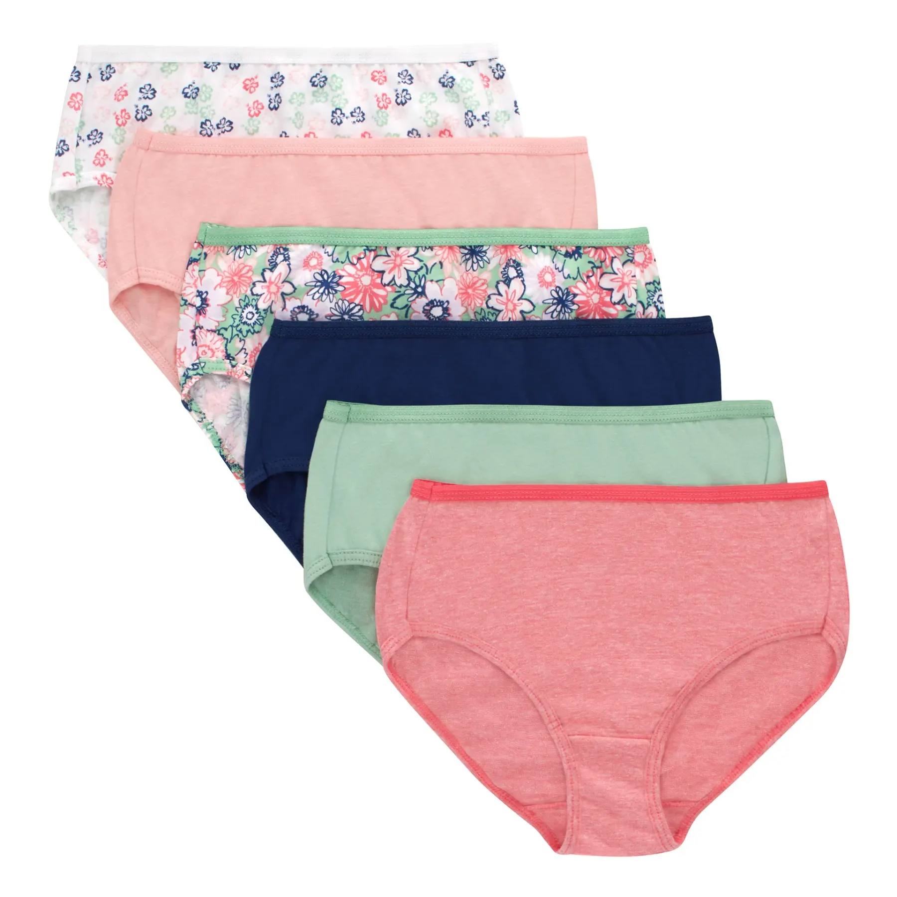 Six women's briefs fanned across white, two floral prints with green and navy trim beside plain pink, navy, sage and coral pairs, each cut out and colour corrected.