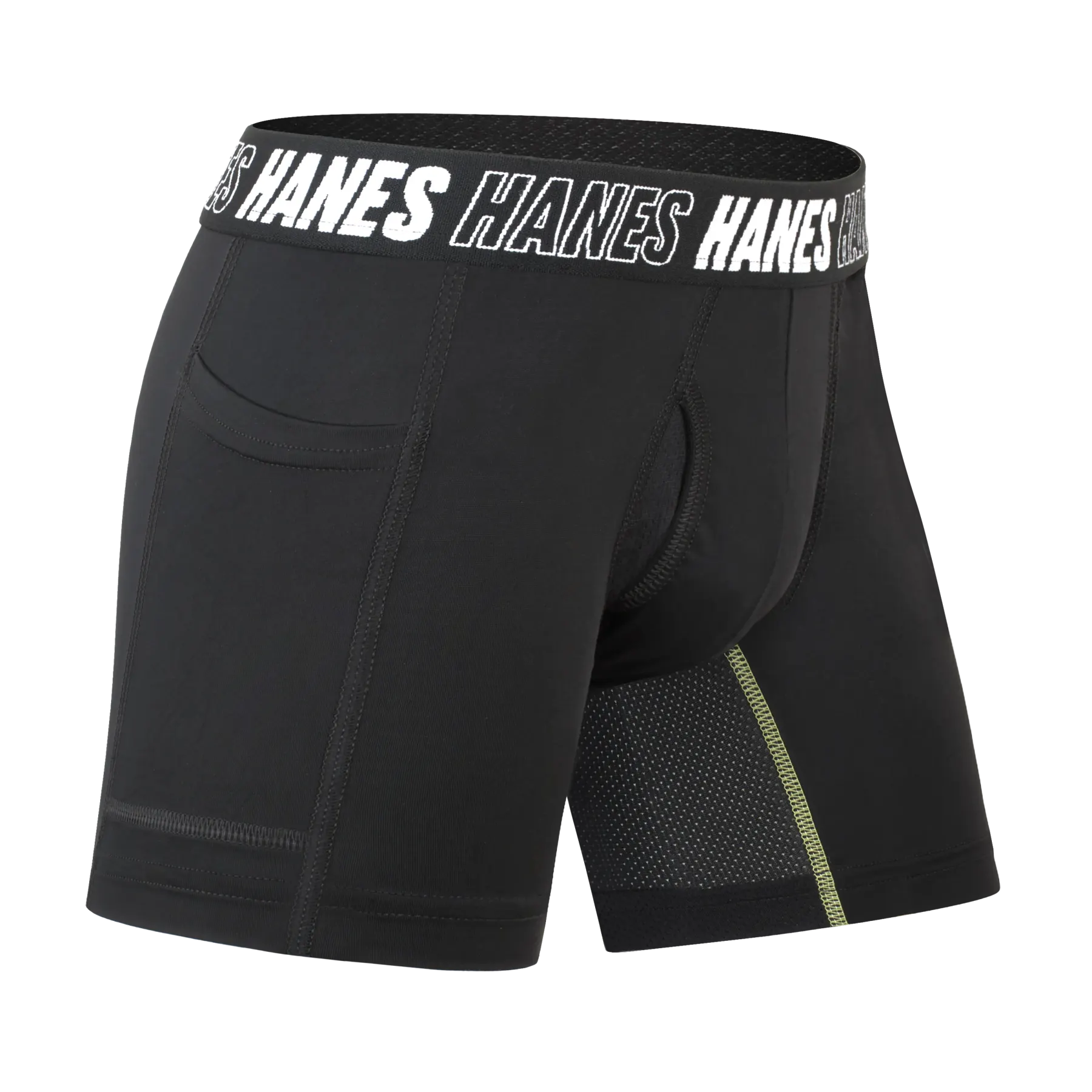 A black performance boxer brief cut out on white, its Hanes-lettered waistband straight, with a green stitch line and a mesh panel picked out along the leg.