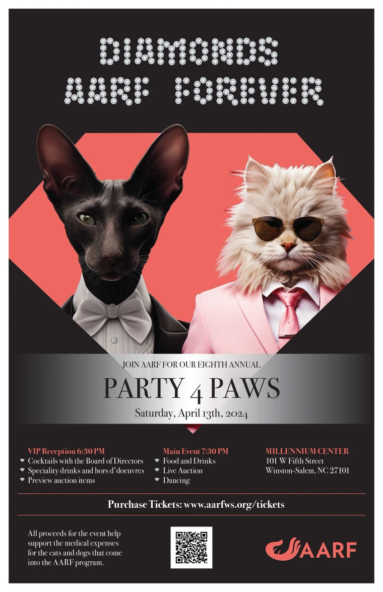 Gala poster on black: Diamonds AARF Forever set in a diamante typeface above a black sphynx cat in a white bow tie and a fluffy cream cat in sunglasses and a pink suit, against a coral diamond, with event details, a ticket link and a QR code below.