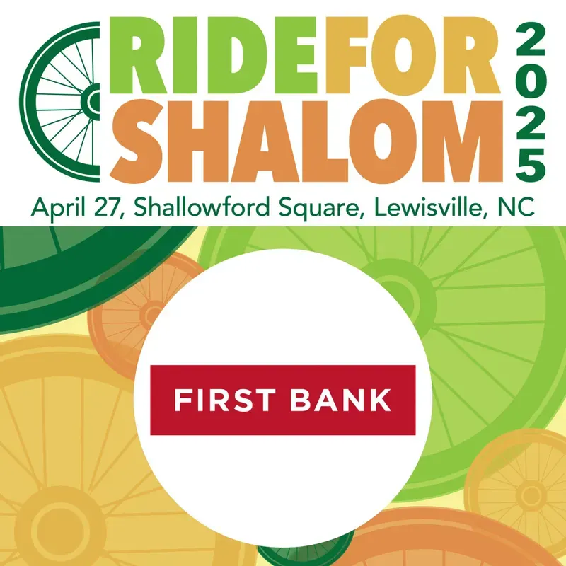 A square social graphic: the Ride for Shalom 2025 masthead over citrus-coloured bicycle wheels, with a sponsoring bank's logo in a white circle below.