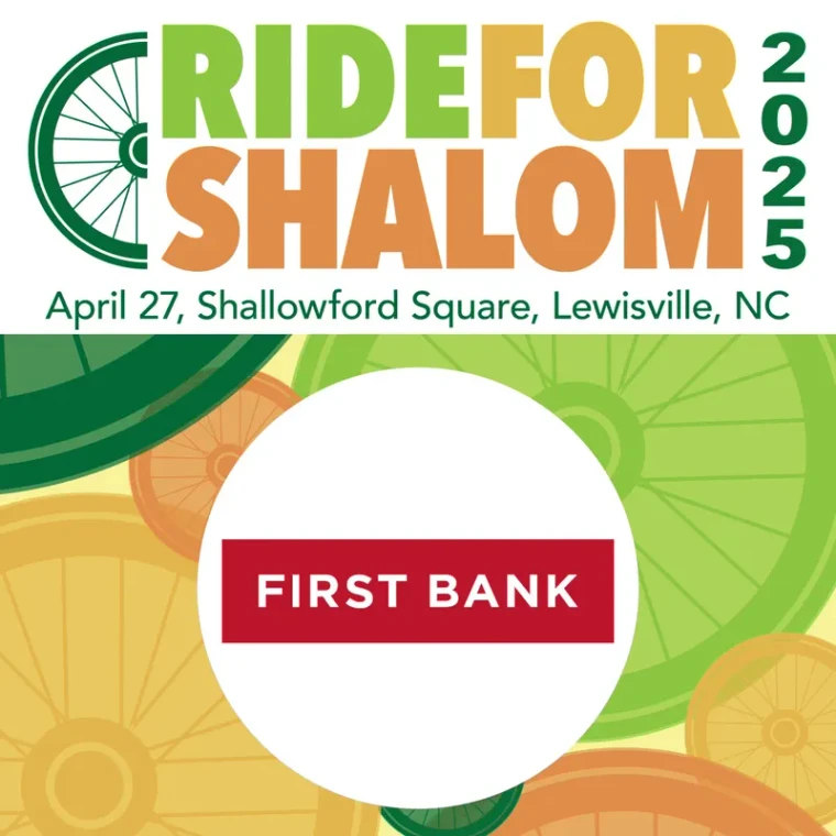A square social graphic: the Ride for Shalom 2025 masthead over citrus-coloured bicycle wheels, with a sponsoring bank's logo in a white circle below.