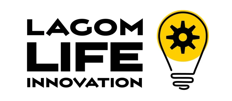 A black and white wordmark reading Lagom Life Innovation in stacked capitals, beside a yellow lightbulb whose filament is drawn as a cog.