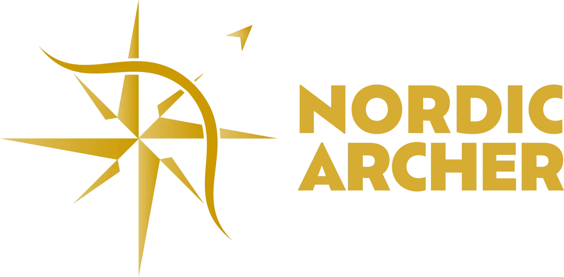 An identity lockup on white: a gold eight-point compass star overlaid with a drawn bow and a loosed arrow, beside the words Nordic Archer in gold capitals.