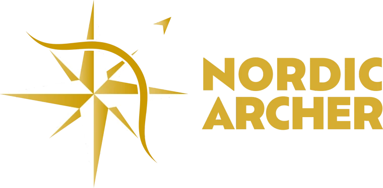 An identity lockup on white: a gold eight-point compass star overlaid with a drawn bow and a loosed arrow, beside the words Nordic Archer in gold capitals.