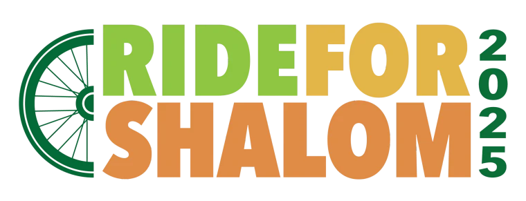 An event identity: a green bicycle wheel at the left of the word Ride, with Ride For set in green and gold capitals above Shalom in orange, and 2025 running vertically alongside in green and gold.