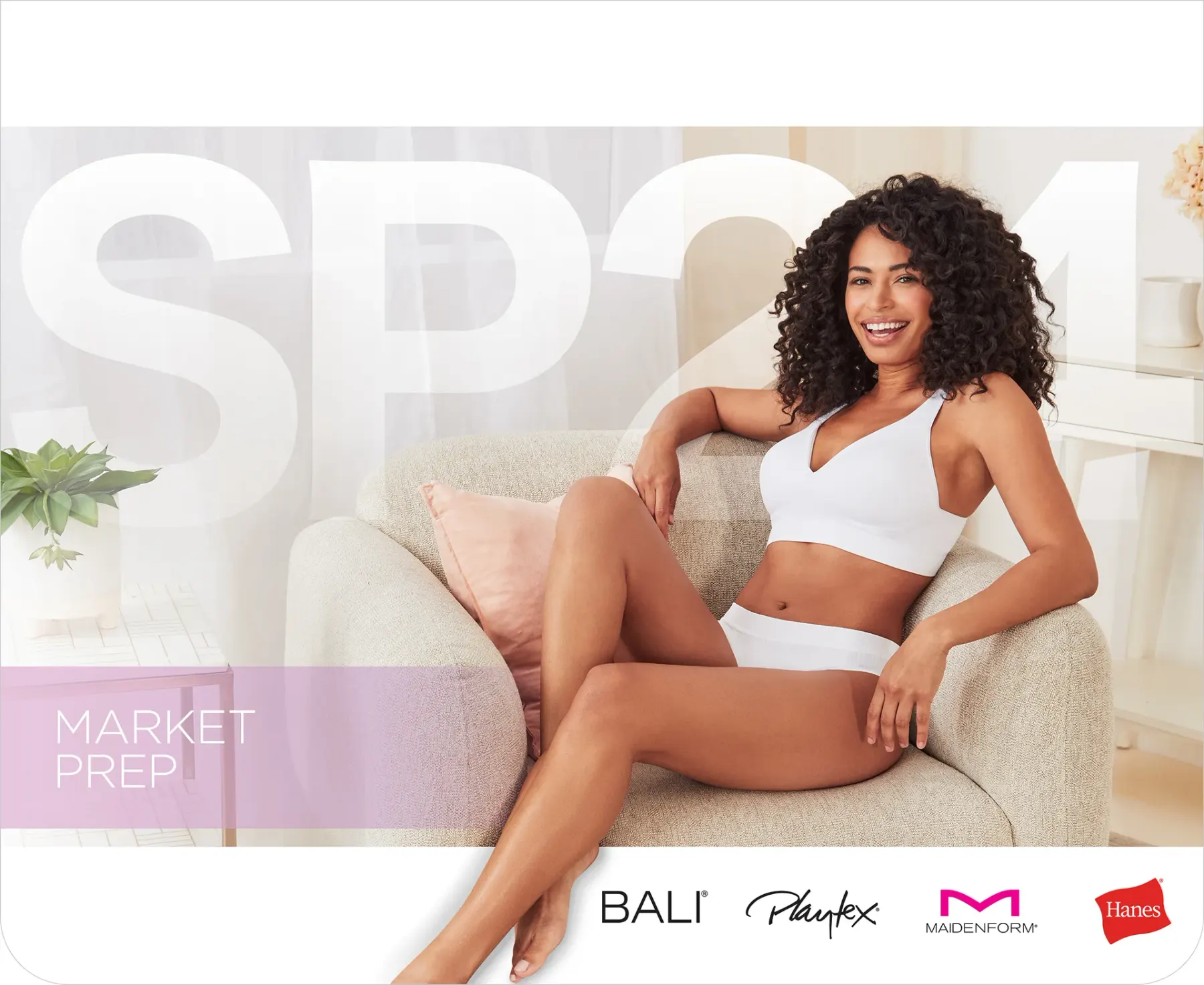 A market prep board: a woman sitting on a cream sofa in a white bra and briefs, with SP24 set large and translucent across the image, a Market Prep label at the foot, and the Bali, Playtex, Maidenform and Hanes marks along the bottom edge.