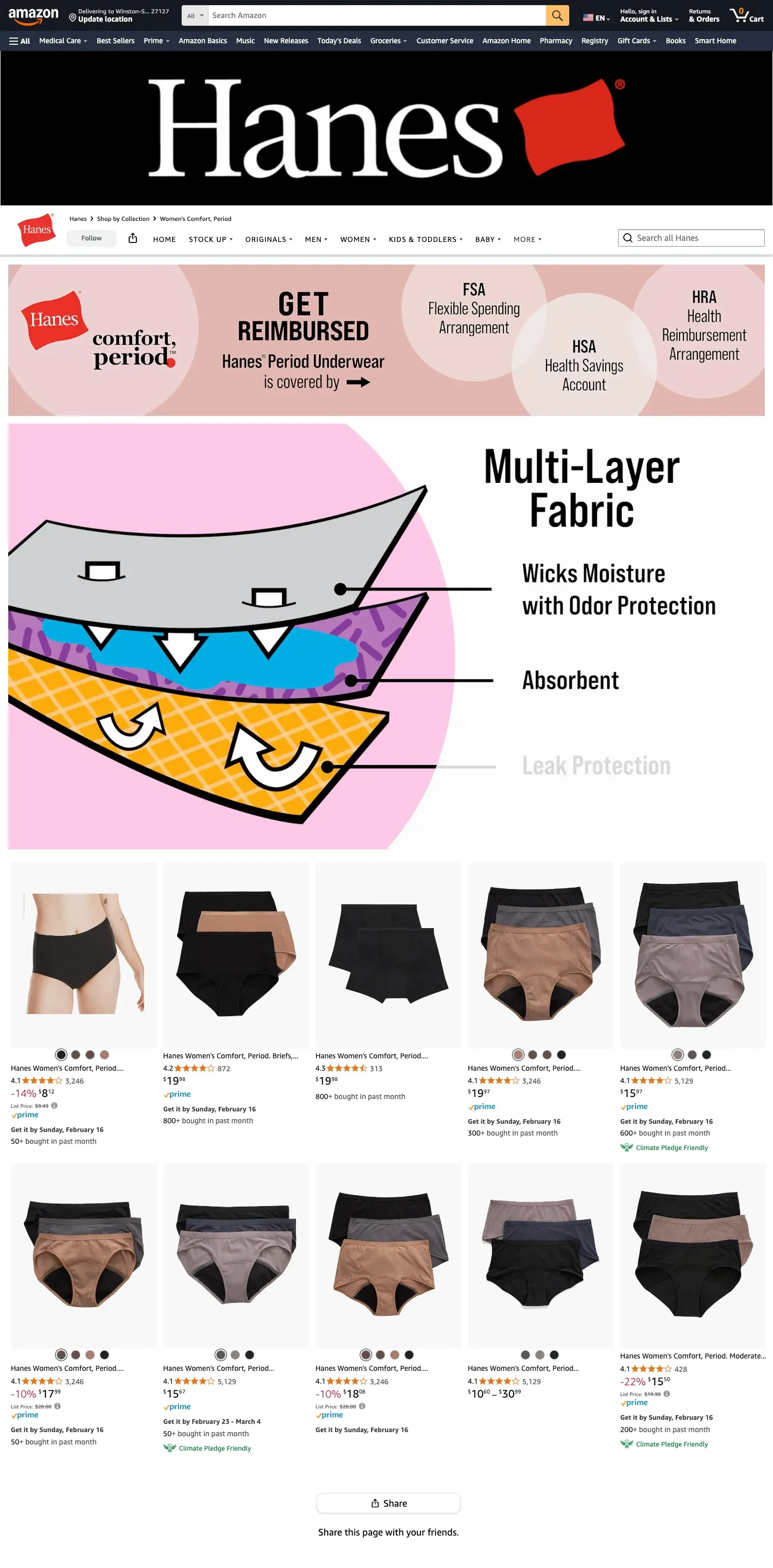 A marketplace brand page for Hanes period underwear: a reimbursement banner naming FSA, HSA and HRA cover, a cutaway diagram labelling the fabric layers as wicking, absorbent and leak-protecting, and a grid of product listings below.