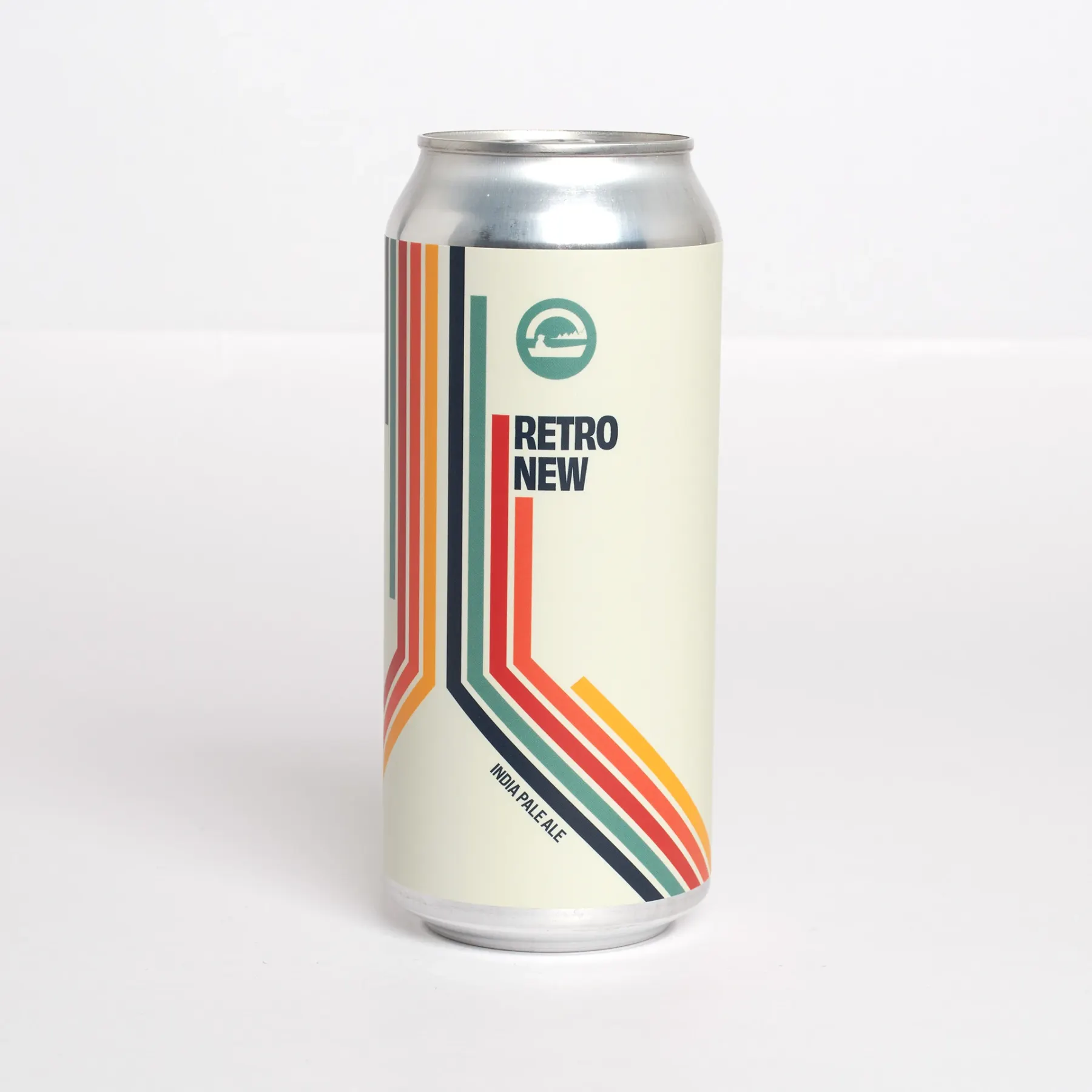 A tall Retro New India Pale Ale can photographed on white, its cream label carrying stacked teal, red and orange stripes that bend around the can beneath a circular canoe logo.