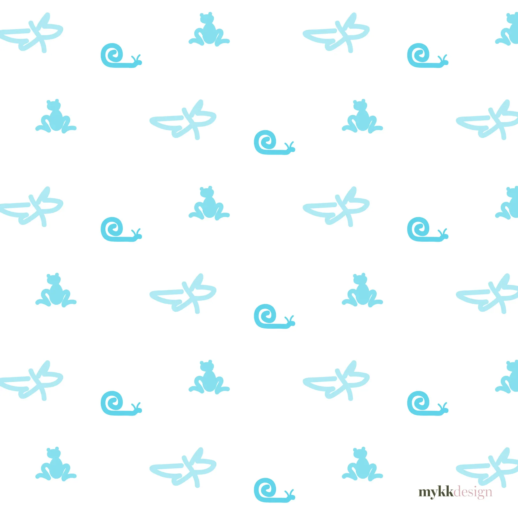 A widely spaced pattern on white of pale blue dragonflies, mid-blue spiral snails and small sitting frogs, drawn as flat silhouettes and set in staggered rows.