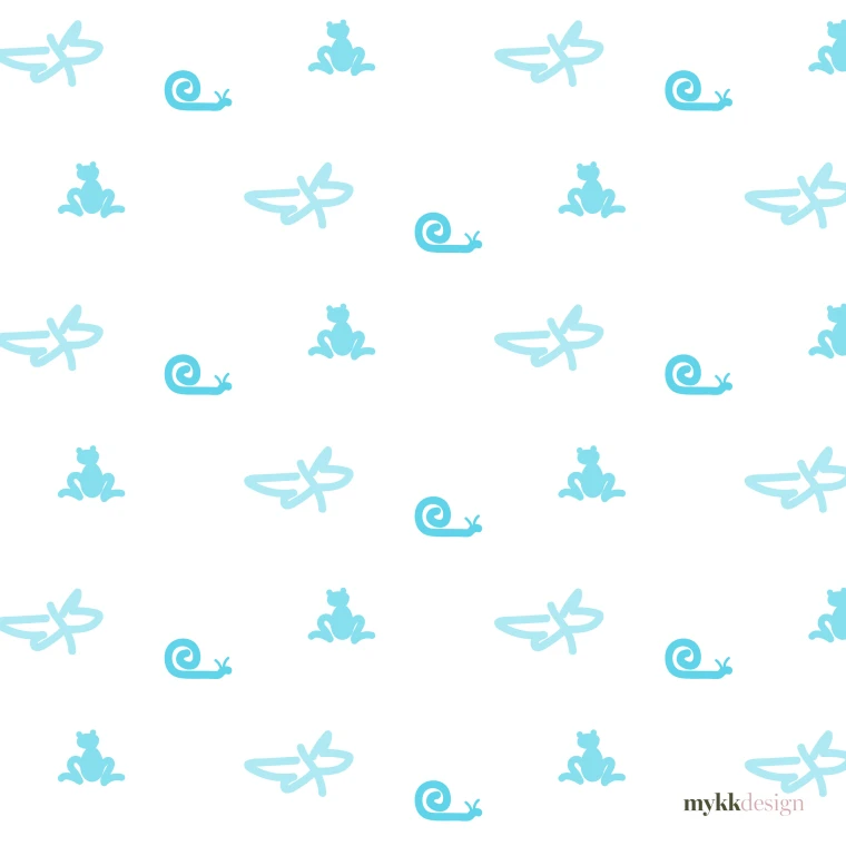 A widely spaced pattern on white of pale blue dragonflies, mid-blue spiral snails and small sitting frogs, drawn as flat silhouettes and set in staggered rows.