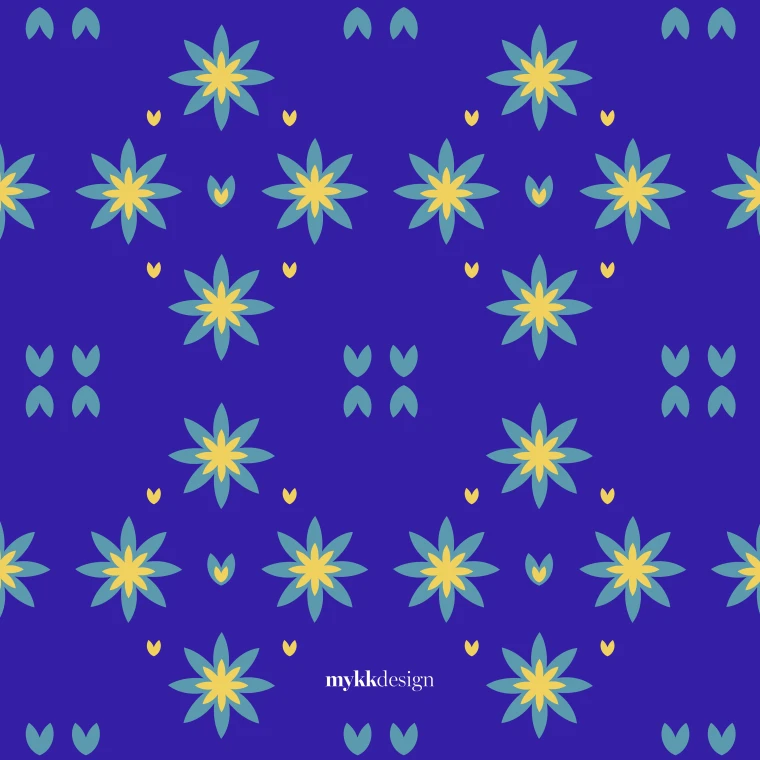 A repeating pattern on deep indigo of eight-petalled flowers with teal outer petals and yellow centres, separated by small paired leaf shapes in teal and yellow.
