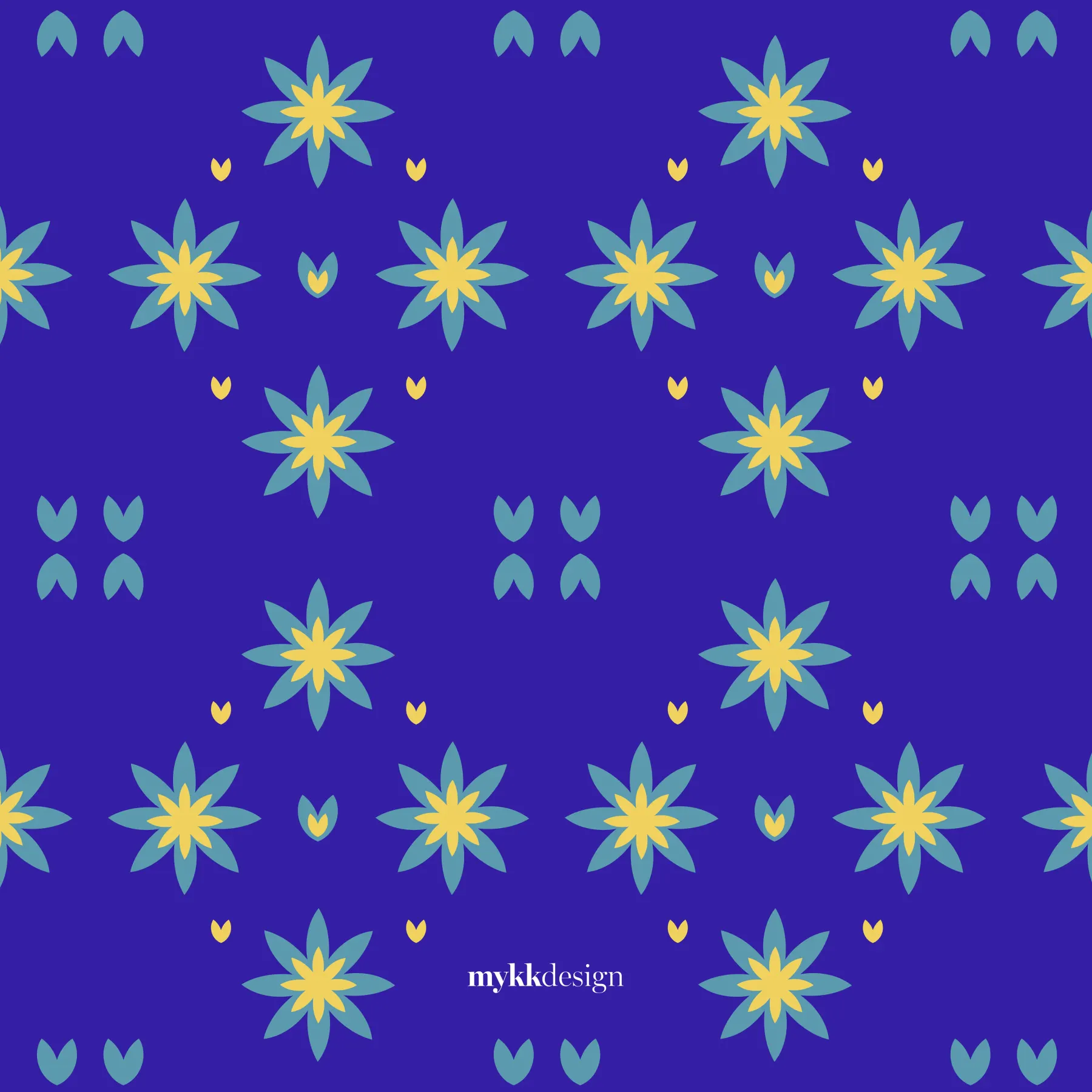 A repeating pattern on deep indigo of eight-petalled flowers with teal outer petals and yellow centres, separated by small paired leaf shapes in teal and yellow.