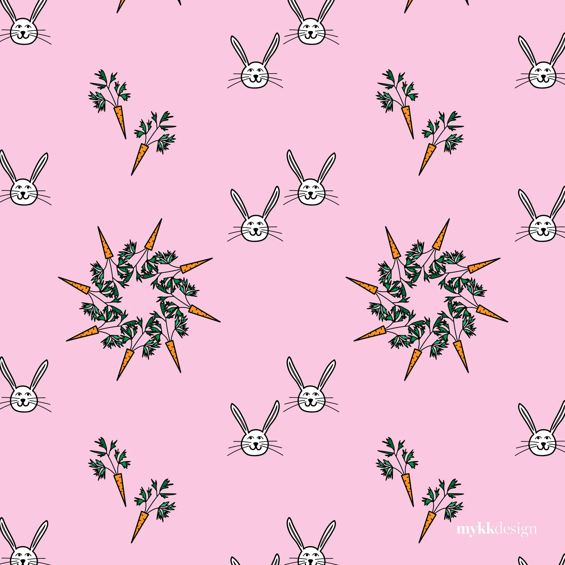 A pattern on pink of outlined white rabbit faces with long ears, drawn carrots with green tops, and rosettes formed by carrots arranged in a ring around their leaves.