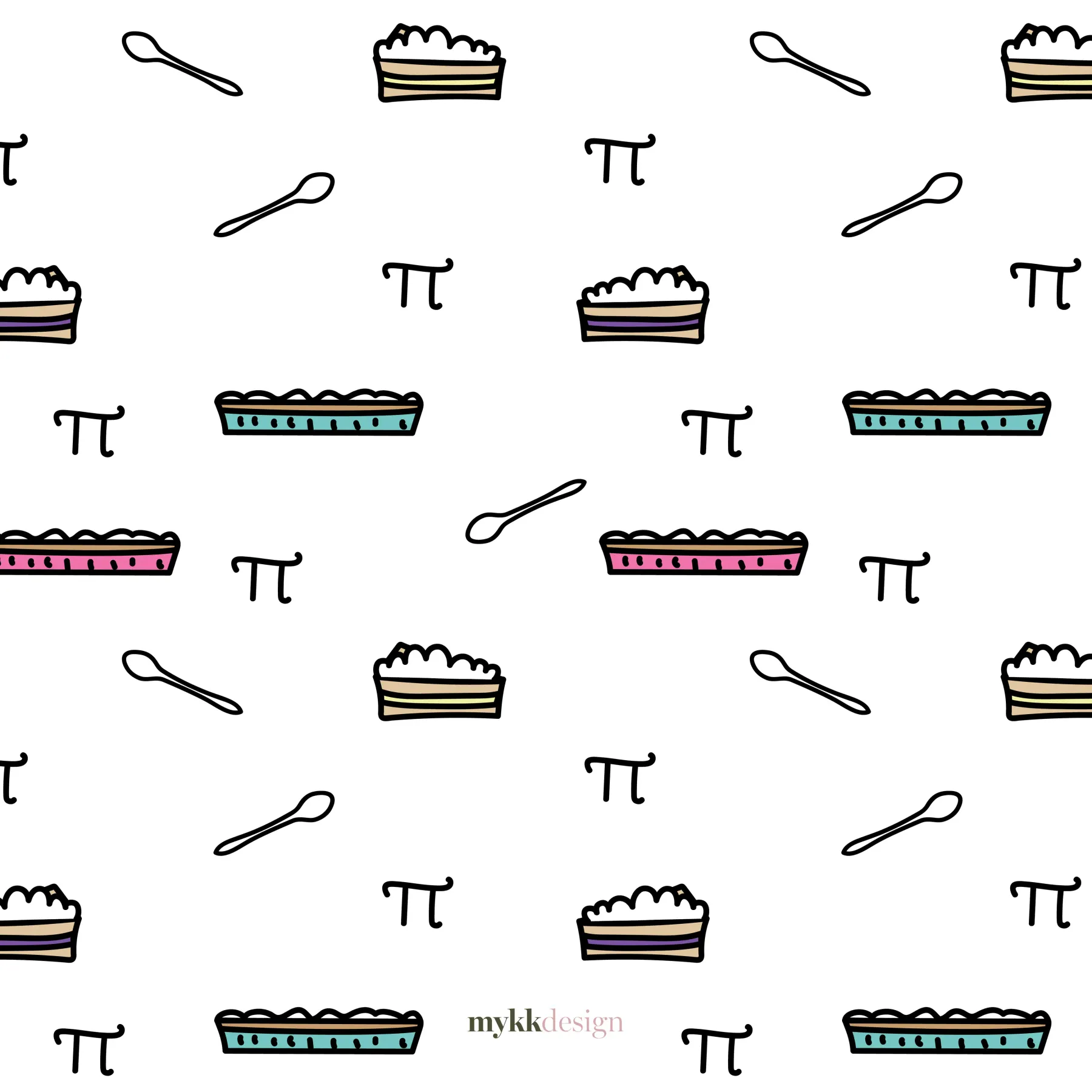 A pattern on white of hand-drawn pie slices and whole pies with pink, teal and purple fillings, scattered with outlined spoons and the mathematical symbol for pi.