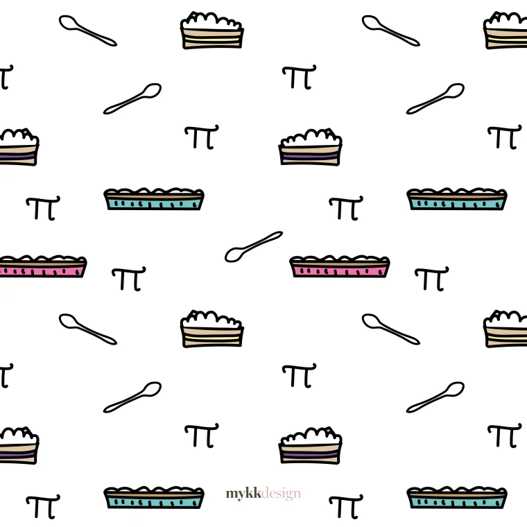 A pattern on white of hand-drawn pie slices and whole pies with pink, teal and purple fillings, scattered with outlined spoons and the mathematical symbol for pi.