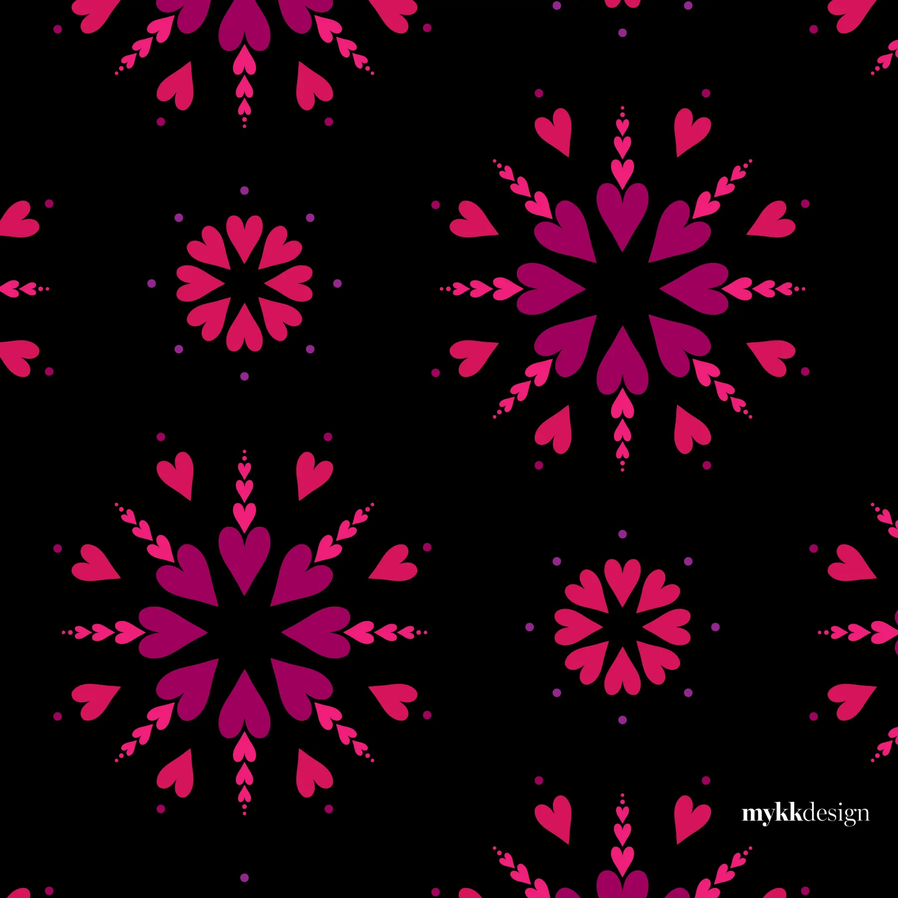 A repeating pattern on black of rosettes built from magenta and pink hearts, alternating large and small, with single hearts and small dots filling the spaces between.