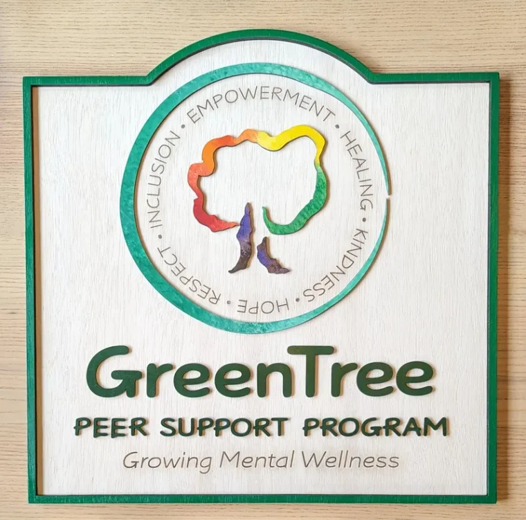 A layered wooden sign: a rainbow-painted tree inside a green ring lettered with the programme values, above raised lettering reading GreenTree Peer Support Program, Growing Mental Wellness.