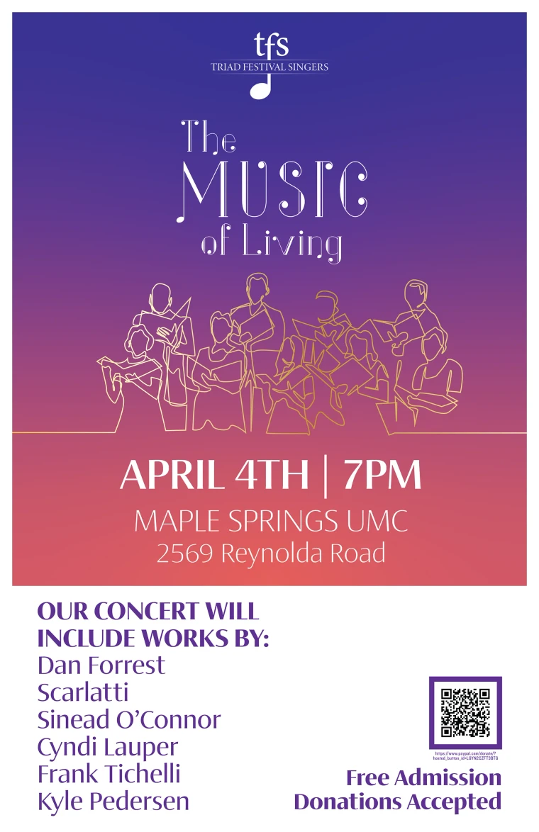 Concert poster on a purple to pink gradient: The Music of Living in script above a line drawing of singers and instrumentalists, with the date, the venue and a list of the composers programmed.