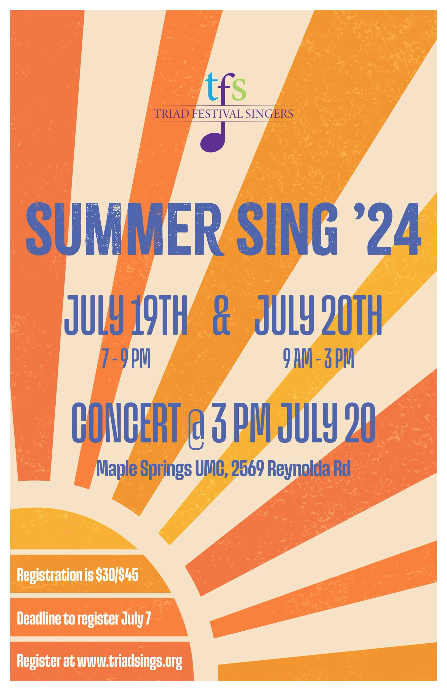 Summer Sing '24 poster: a cream and orange sunburst radiating from the lower left behind the title in blue display capitals, with the July dates, concert time, venue and registration details set across it.