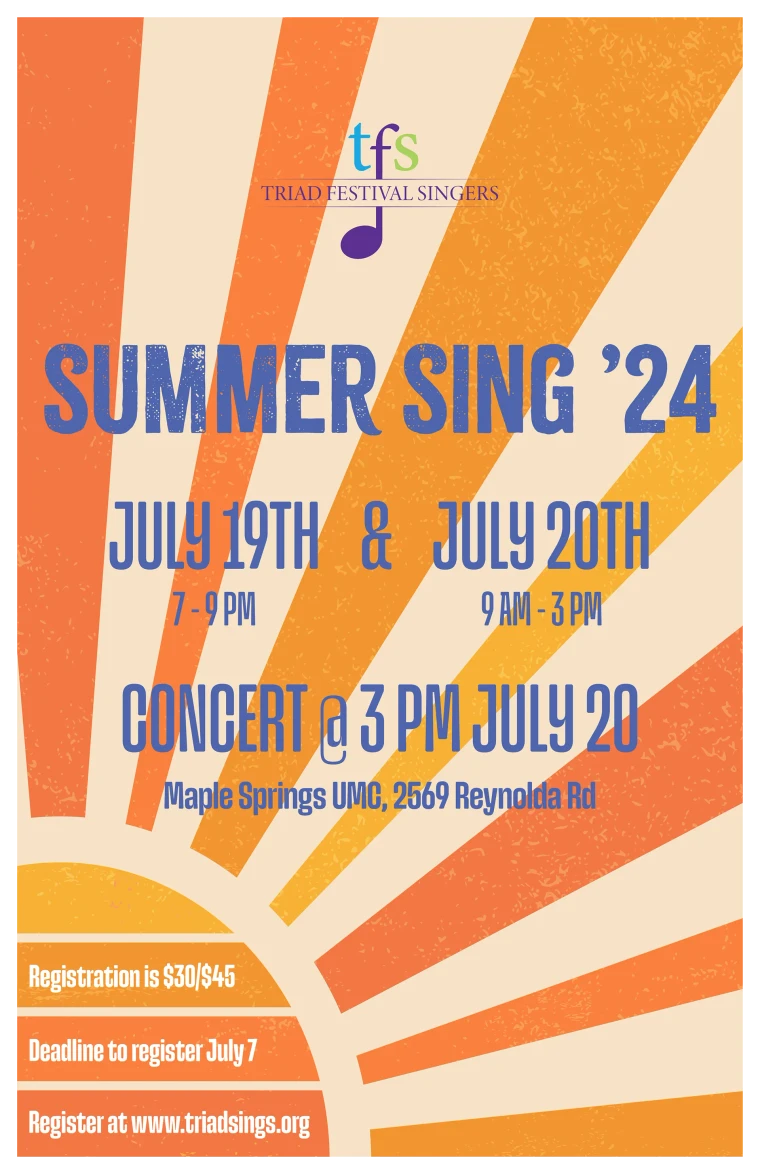Summer Sing '24 poster: a cream and orange sunburst radiating from the lower left behind the title in blue display capitals, with the July dates, concert time, venue and registration details set across it.