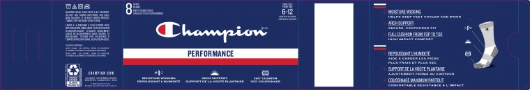 A flat print-ready sock sleeve on navy, marked with dieline and fold guides: wash care and fibre content in English and French at the left, the Champion script and the word Performance across a white and red band at the centre, and six bilingual feature callouts beside a crew sock illustration at the right.