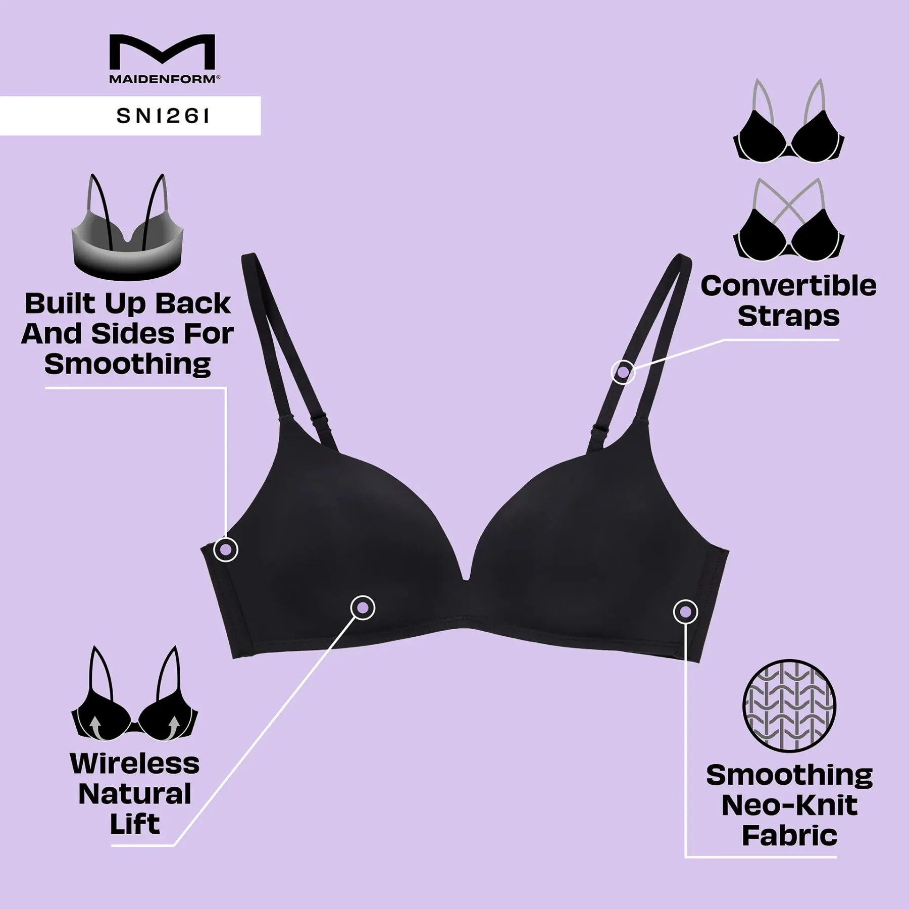 A product infographic on lilac: a black wireless bra under the Maidenform mark and the style number SN1261, with four annotated callouts naming the built up back and sides, the convertible straps, the wireless natural lift and the smoothing neo-knit fabric.