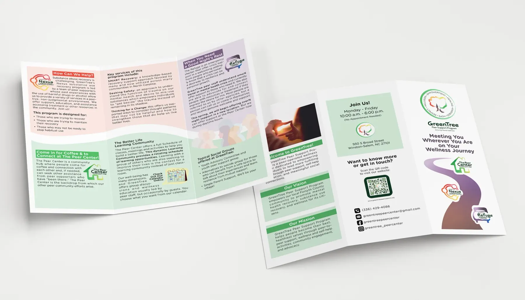A trifold programme brochure in pastel greens and pinks photographed on white: one copy opened flat to programme copy and a winding path graphic, another folded to a panel headed Wanting You Not Alone in Your Wellness Journey.