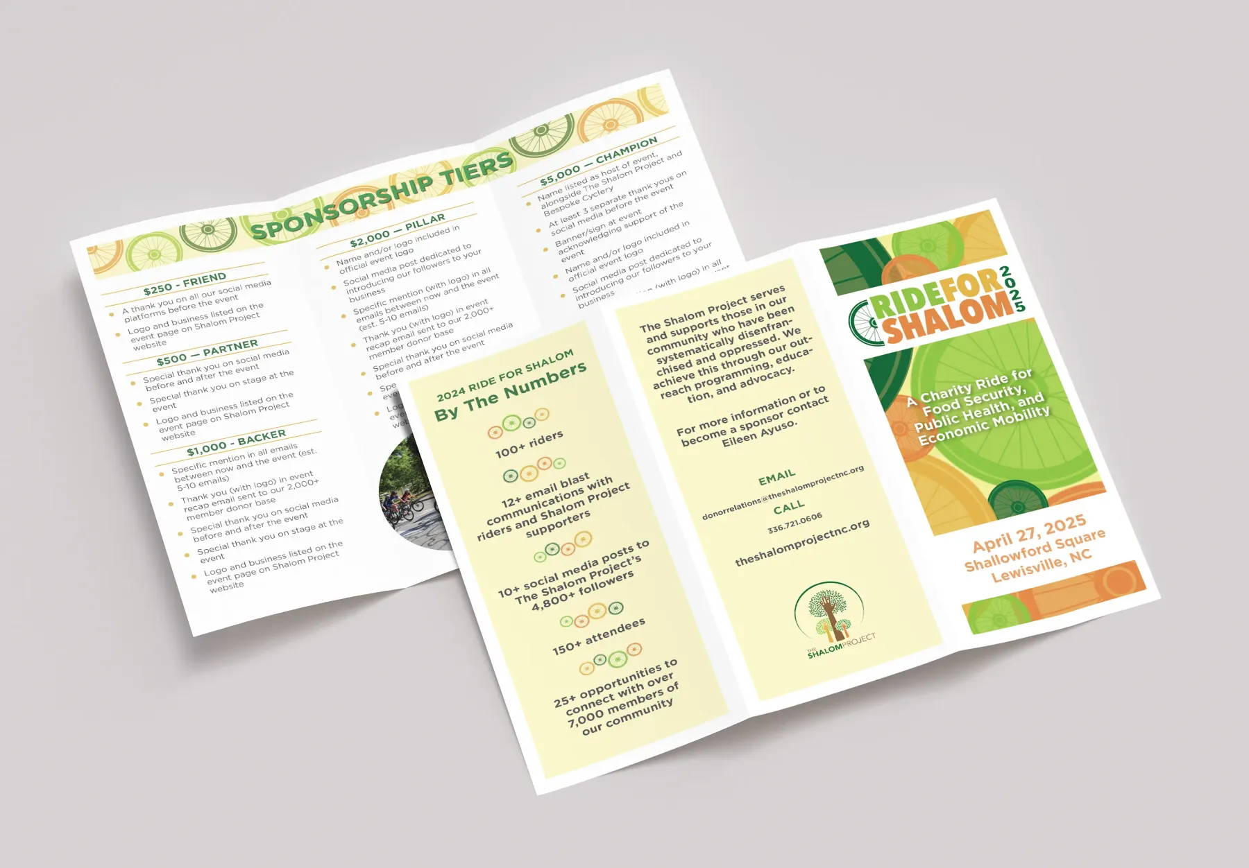 A trifold sponsorship brochure photographed on grey: one copy folded to the Ride for Shalom 2025 cover over citrus bicycle wheels, another opened flat to sponsorship tiers and a by-the-numbers panel.