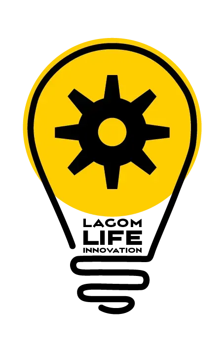 The mark on its own: a yellow lightbulb outlined in black, its filament drawn as a black cog, with Lagom Life Innovation set small in stacked capitals across the base of the glass.