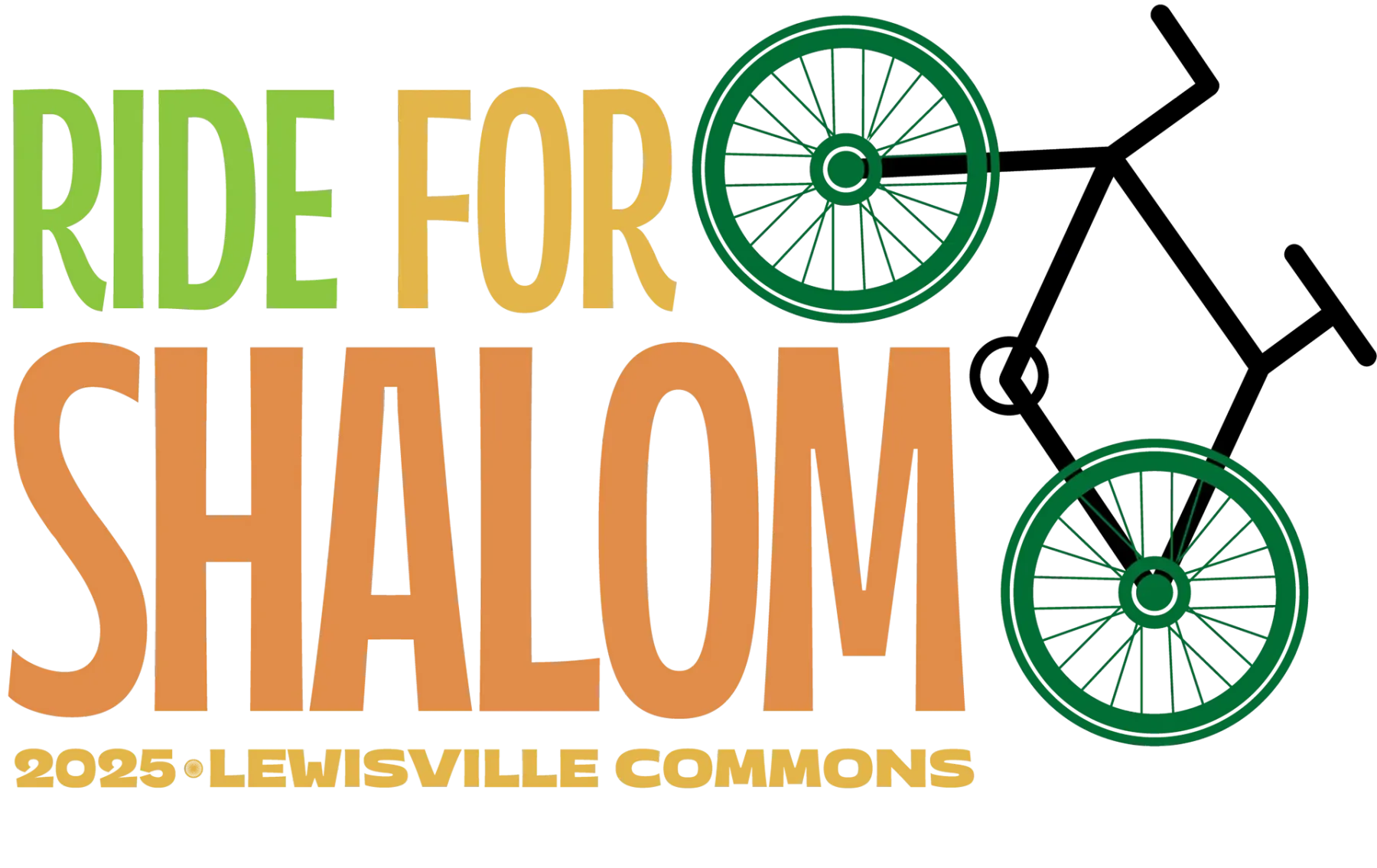 A logo development: Ride For in green and gold capitals above Shalom in orange, one letter O replaced by a green bicycle wheel, with a line-drawn bicycle frame extending to the right and 2025 Lewisville Commons set beneath.