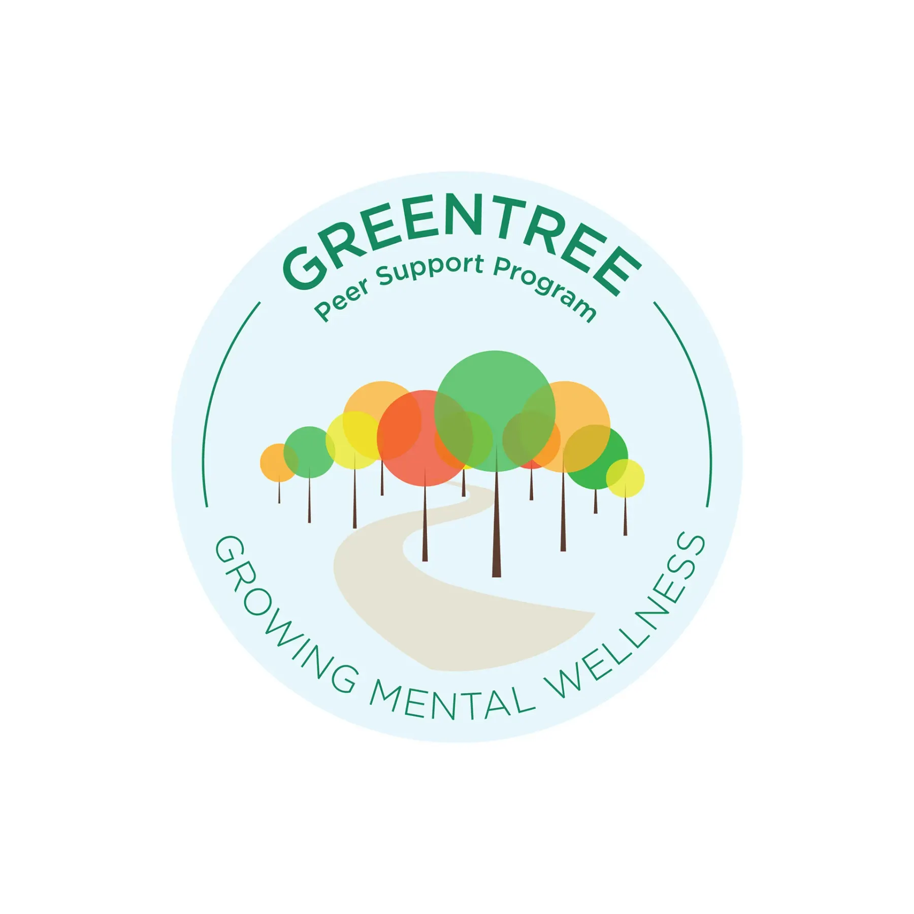 A logo development on pale blue: a circle lettered GreenTree Peer Support Program above and Growing Mental Wellness below, enclosing a stand of round-crowned trees in green, orange and yellow beside a pale path winding into the distance.