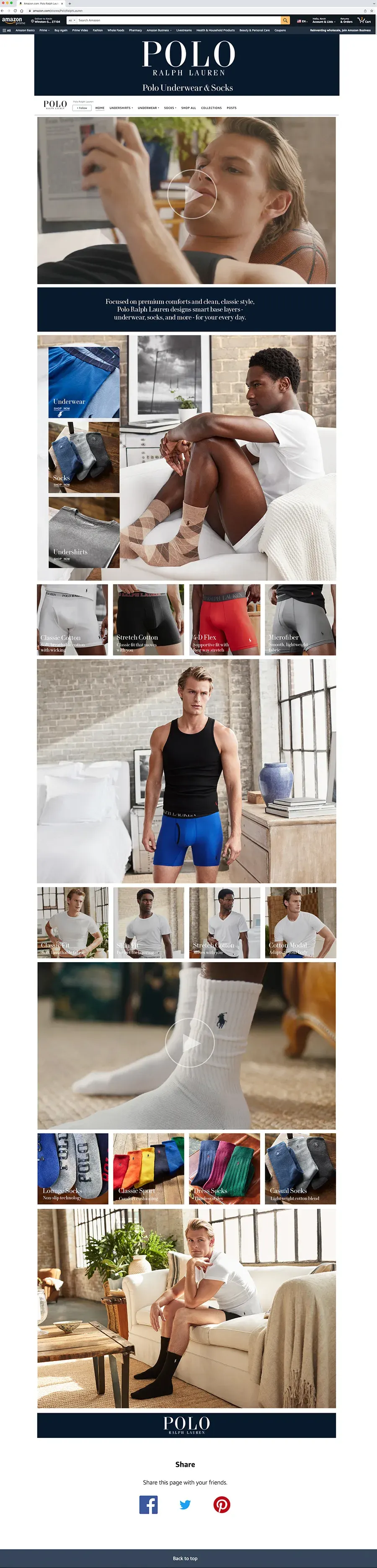 A Polo Ralph Lauren marketplace page in revision, seen full length: a hero image at the top, then stacked photographic panels of men's underwear and socks, a colour swatch grid, and a footer.