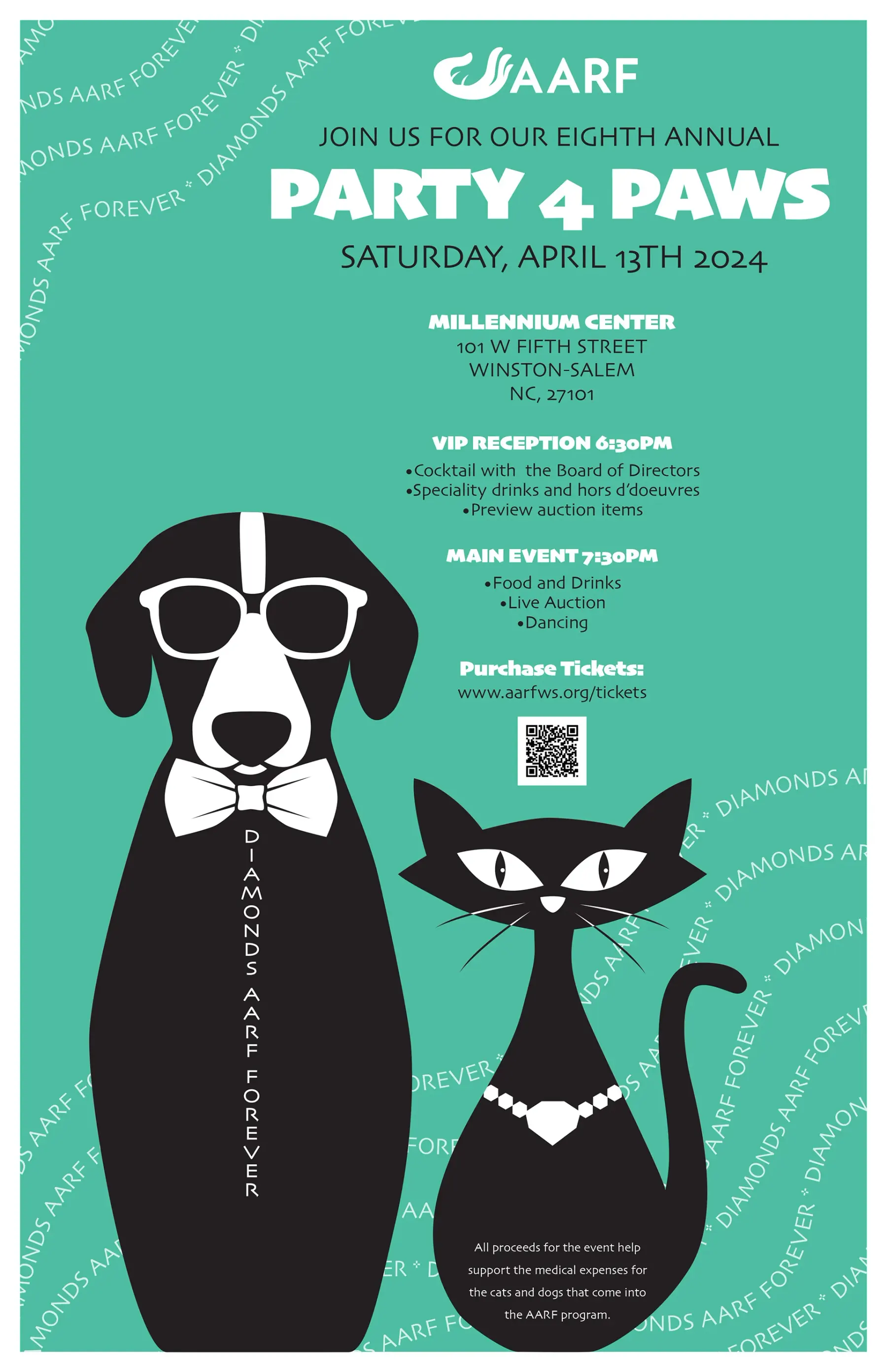 Gala poster on teal: Party 4 Paws above the event details, with a drawn dog in a bow tie and sunglasses seated beside a black cat wearing a pearl necklace, and Diamonds AARF Forever repeating around the border.