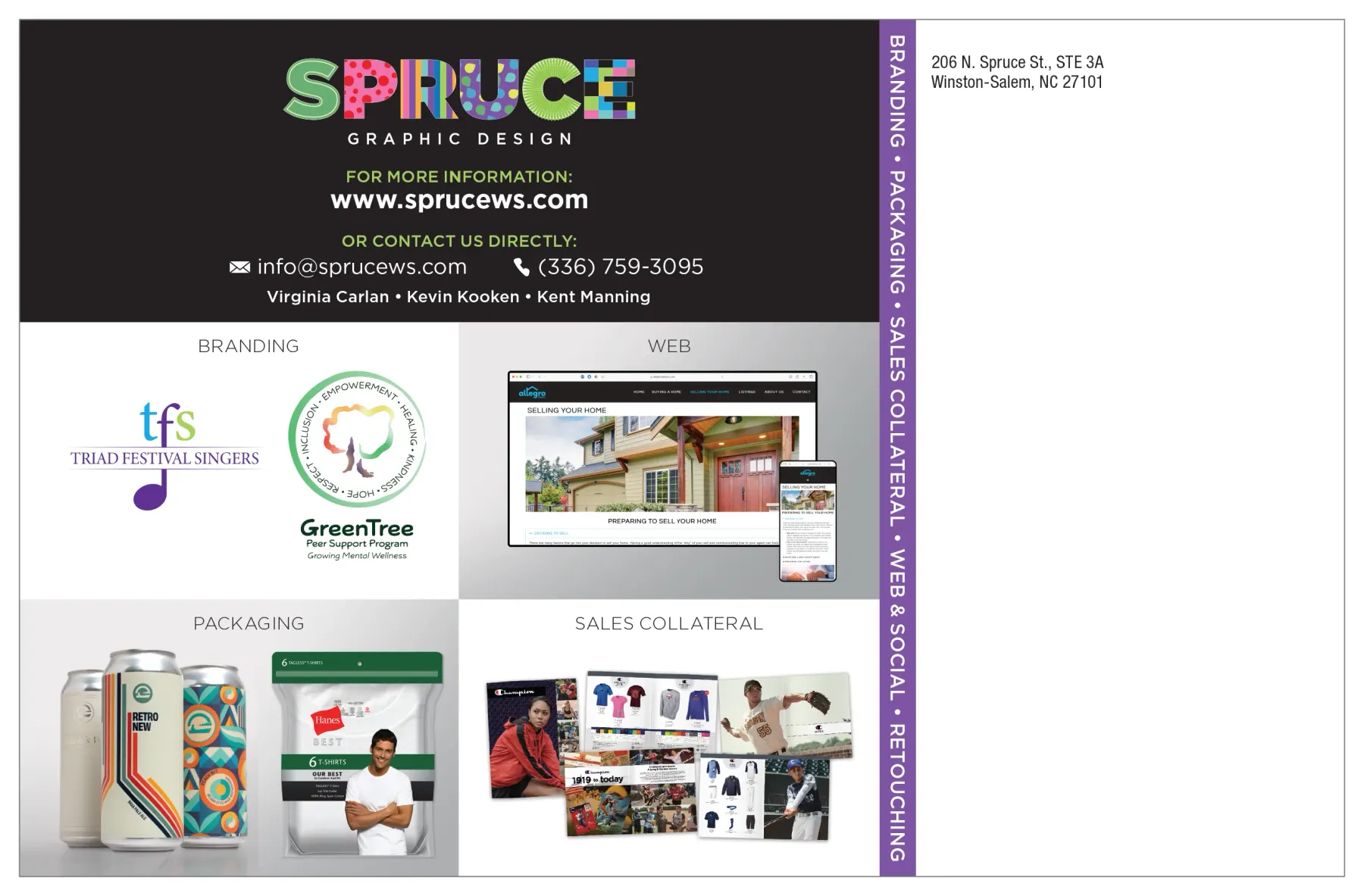 The back of the postcard: the SPRUCE Graphic Design logo, web address, email and phone number on black, above a four-panel grid of work samples labelled Branding, Web, Packaging and Sales Collateral, with the studio's disciplines set down a purple spine.