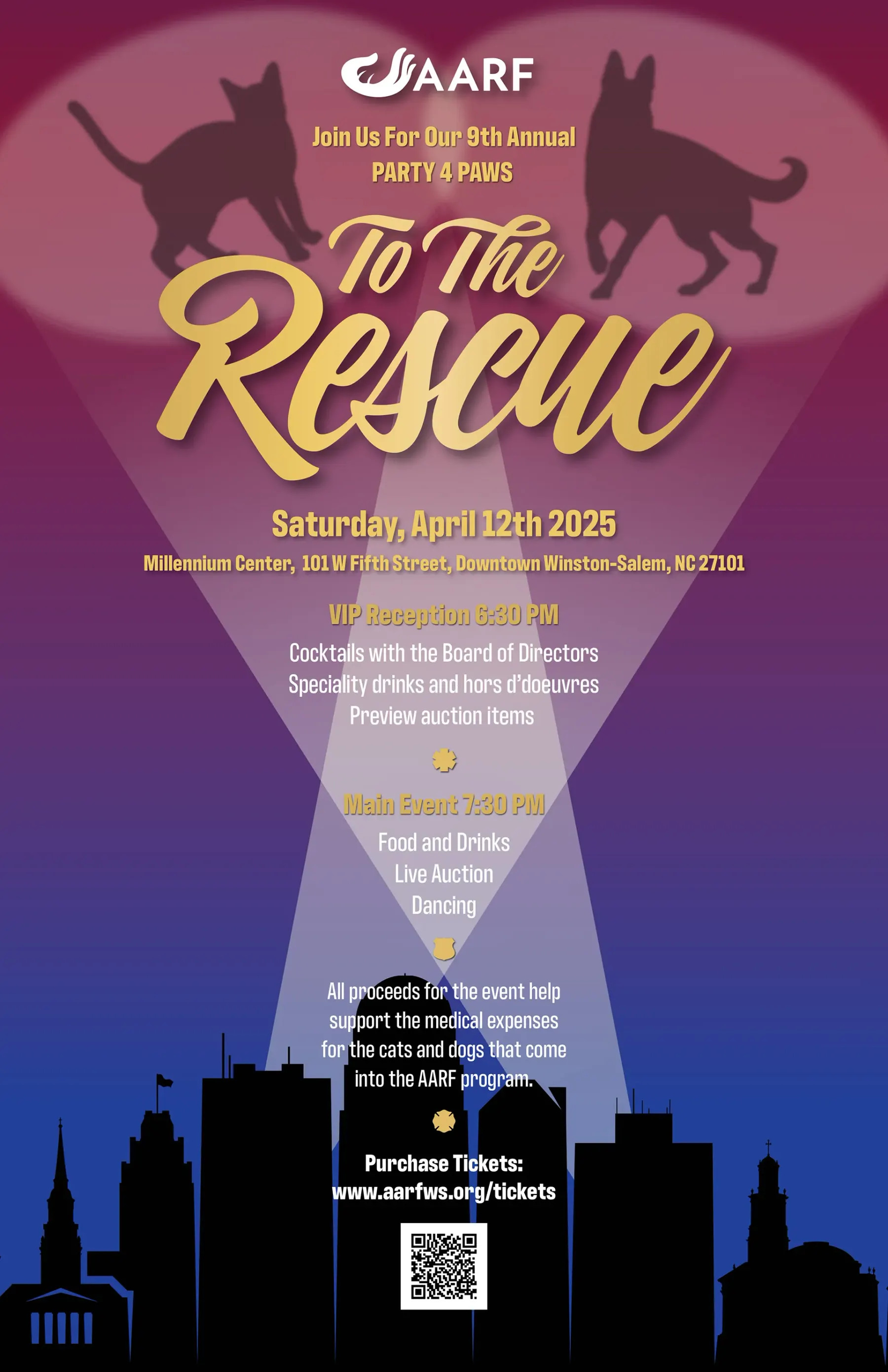Gala poster in purple and magenta: two cat silhouettes facing each other at the top, To The Rescue in gold script inside a beam of light, and a city skyline in silhouette along the foot beneath the event details.