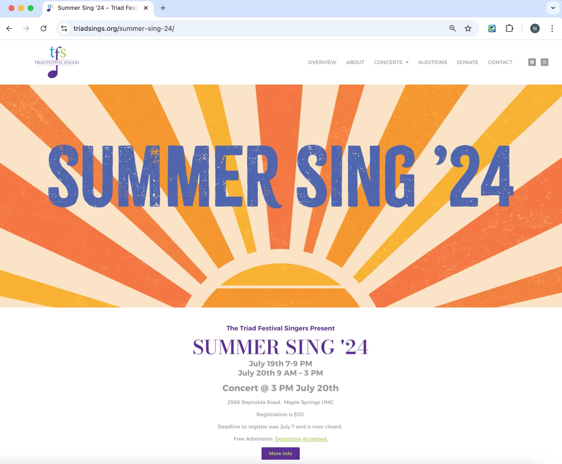 The Triad Festival Singers website open in a browser at the Summer Sing '24 page: a wide banner of blue display lettering over a cream and orange sunburst, with the concert dates, venue and registration details set beneath it.