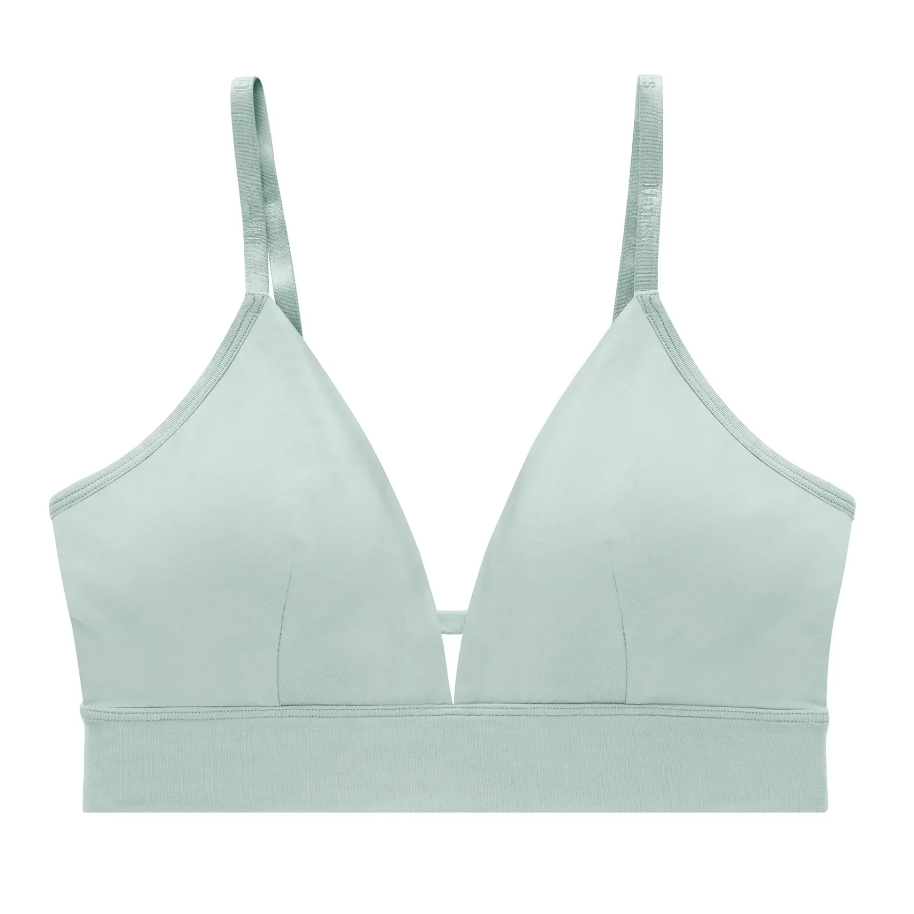The same bralette recoloured to pale mint green, cut out on white, the seams and the band left matching the original.