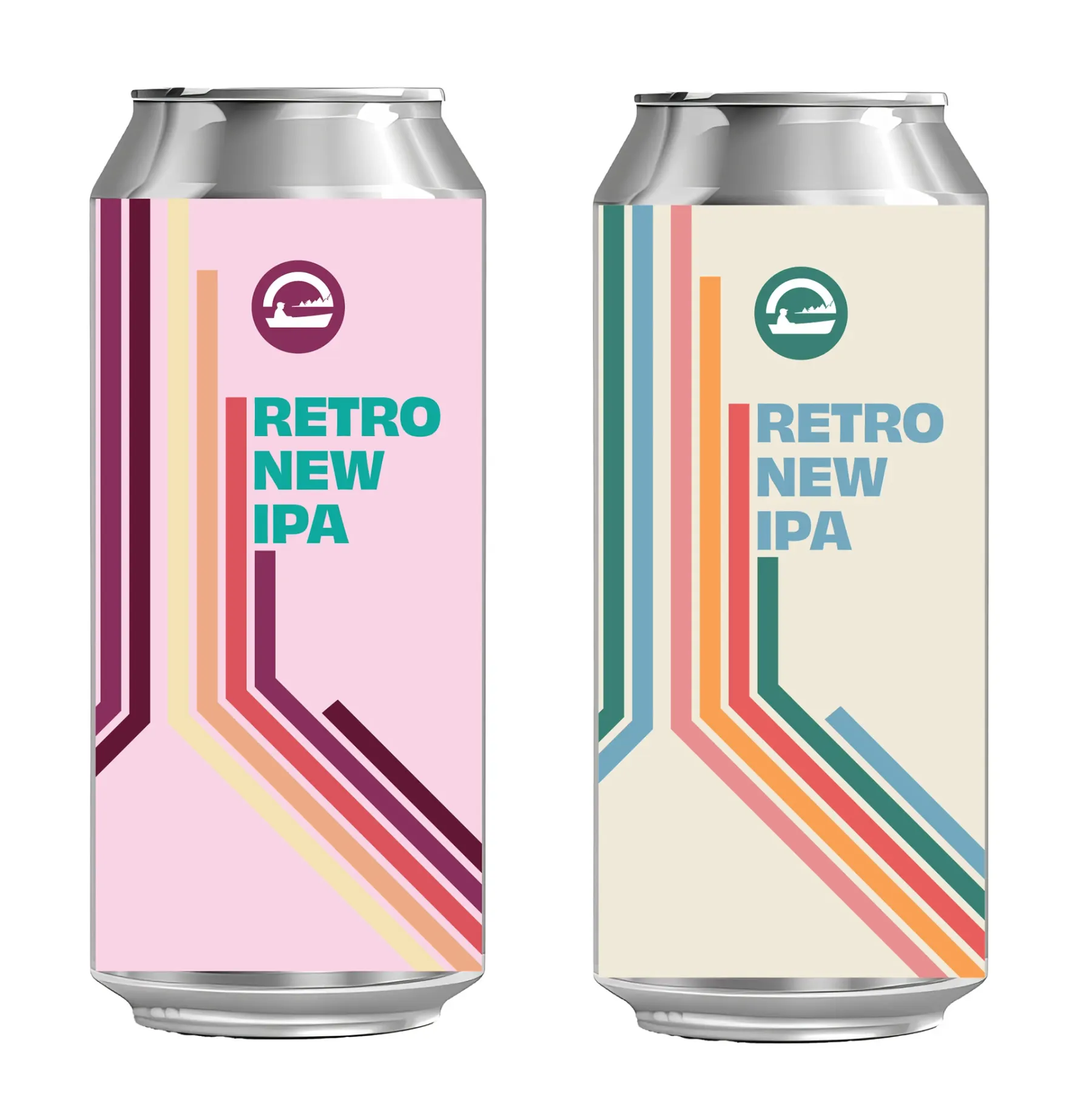 Two Retro New India Pale Ale cans side by side on white, one label pink and one cream, each with a canoe roundel above stacked capitals and coloured stripes that turn a right angle down the can.