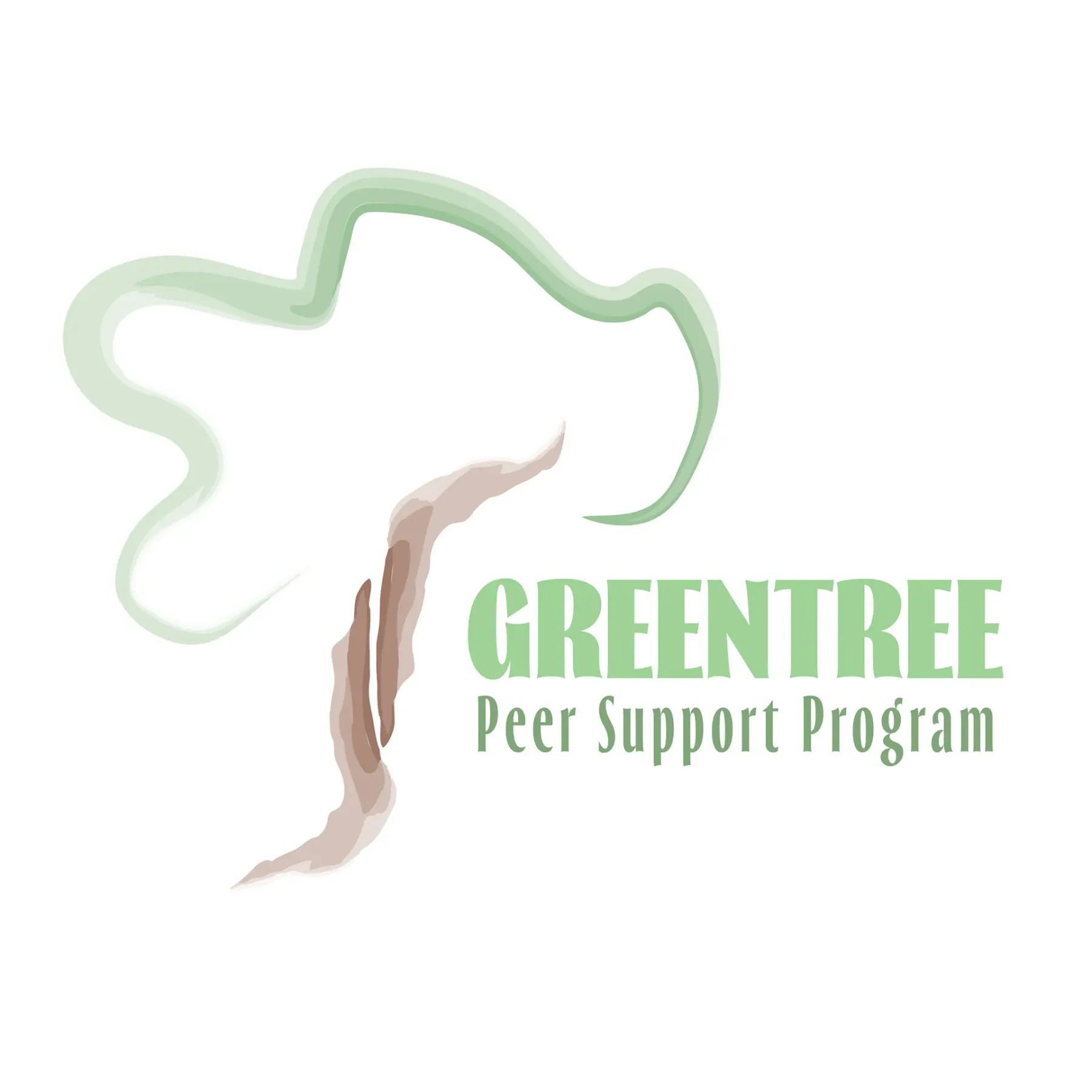 A logo development: a tree drawn in loose translucent green washes over a brown trunk, beside GreenTree in green capitals above the words Peer Support Program.