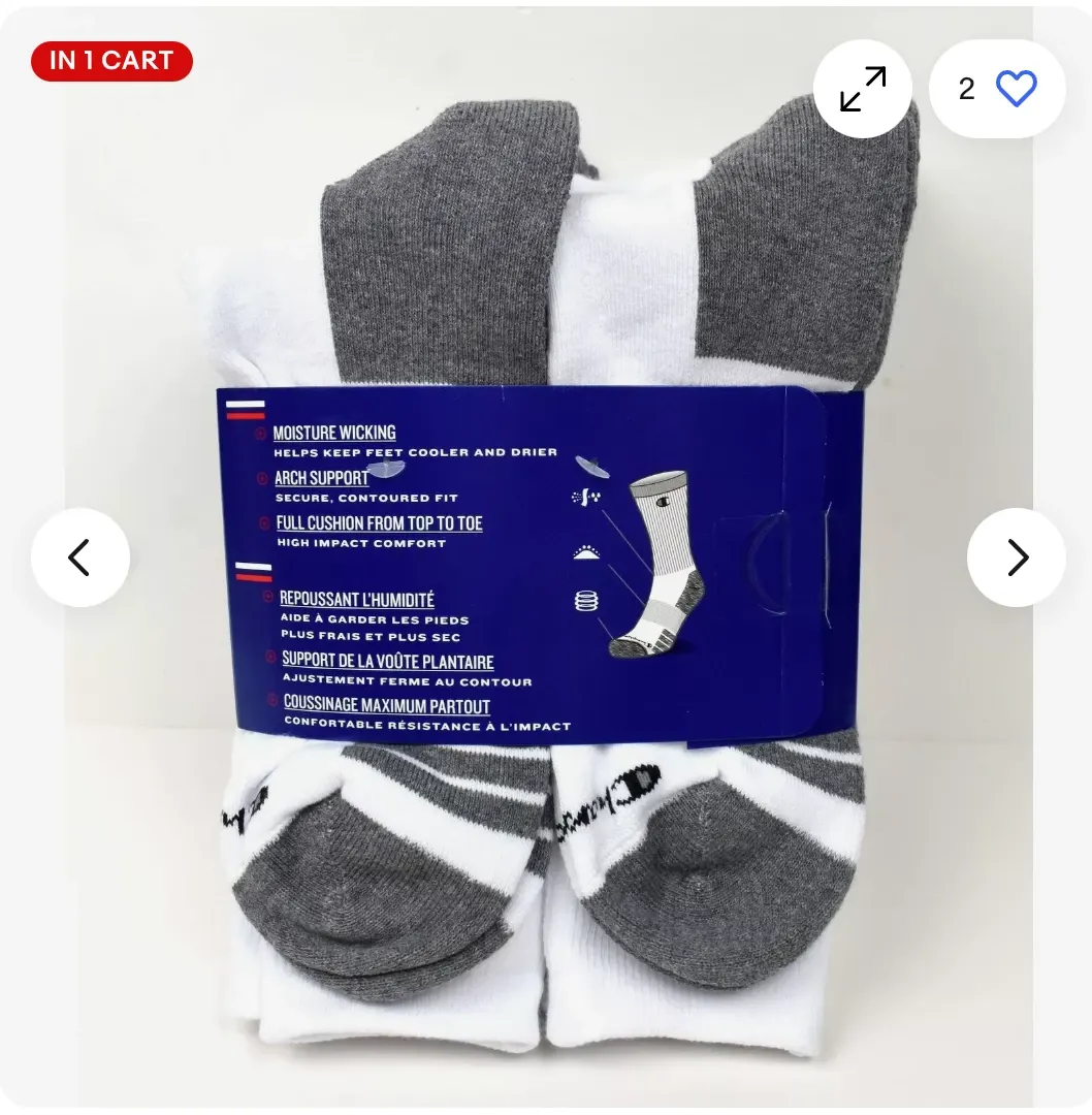The same eight-pack seen from above, the navy sleeve listing moisture wicking, arch support and full cushion in English and French beside a diagrammed crew sock.