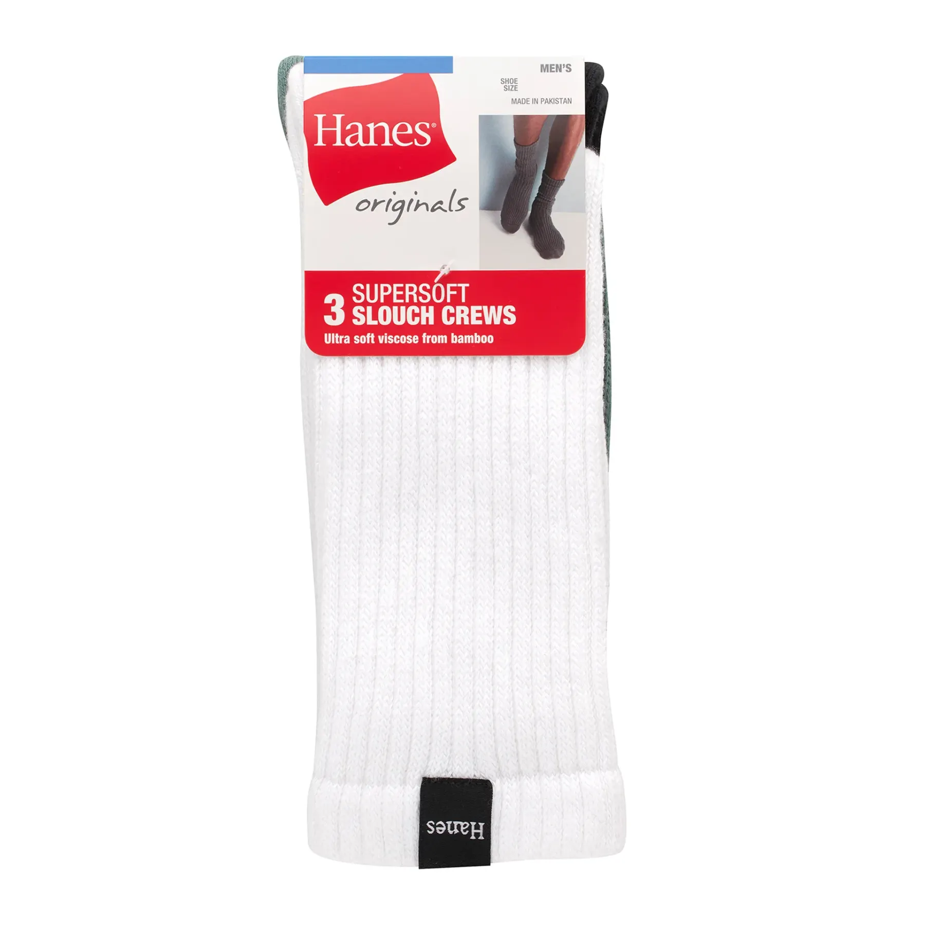 The three-pack in its packaging on white: a white sock behind a Hanes Originals header card reading 3 Supersoft Slouch Crews, ultra soft viscose from bamboo.